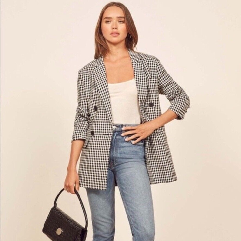 Reformation Valero Blazer Linen Double Breasted Checkered Black White Size S